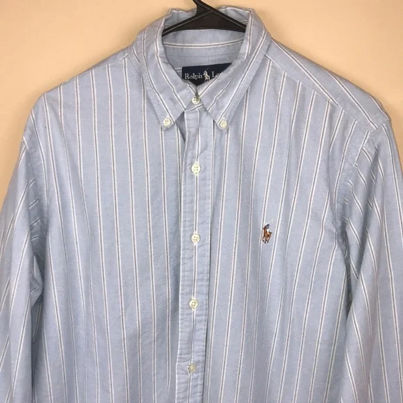 Ralph Lauren Men’s Classic Fit Light Blue White Black Pinstripe Button-Up Shirt - Picture 2 of 9